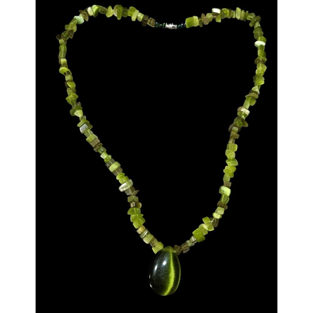 Whimsical Fairycore Green Cat Eye Glass Beaded Teardrop Necklace